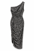 Black One-Shoulder Sequin Draped Midi Dress