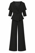 Black Cape-Collar Blazer & Wide-Leg Pants Set