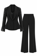Black Lace-Panel Blazer & Wide-Leg Pants Set