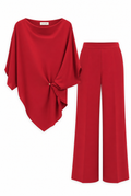 Red Draped Top & Wide-Leg Pants Satin Set