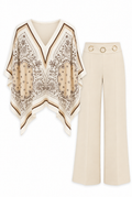 Ivory Paisley Kaftan Top & Gold-Ring Wide-Leg Pants Set