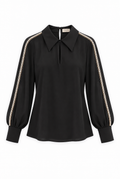 Black Satin Blouse with Pearl-Embellished Sleeves