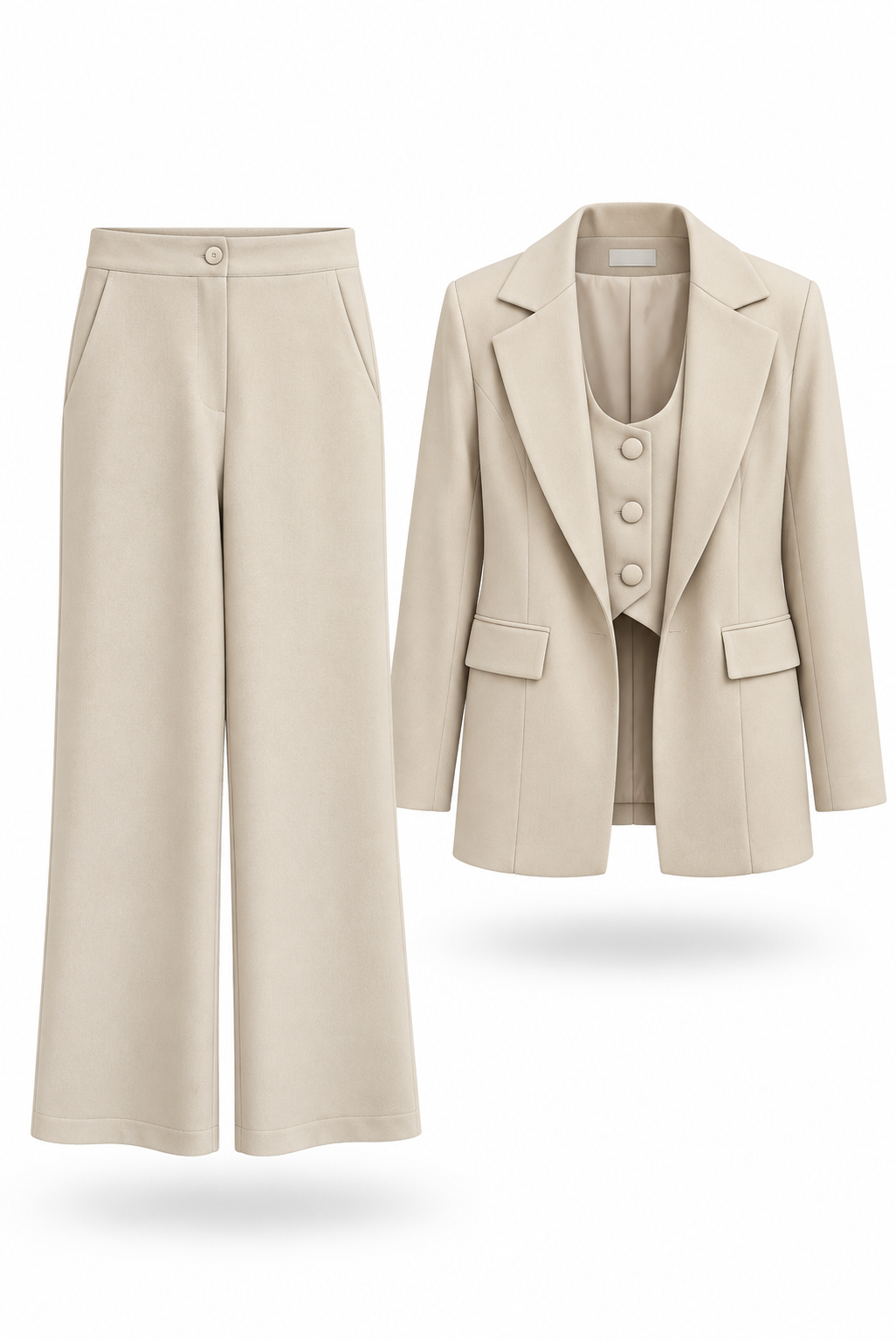 Beige Three-Piece Tailored Suit Set