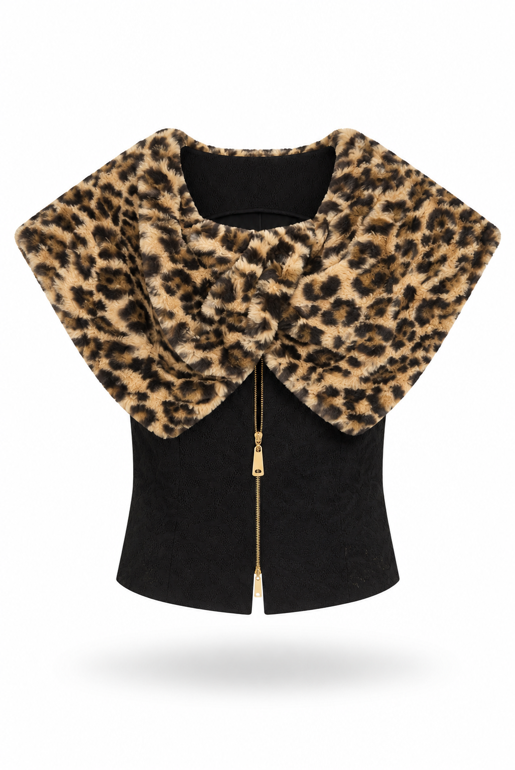 Black Textured Top with Leopard Faux-Fur Cape