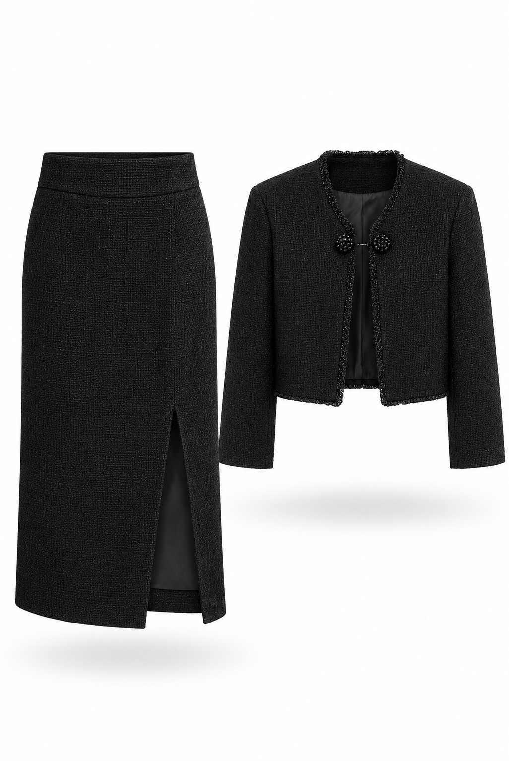 Black Tweed Jacket & Midi Skirt Set