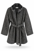 Black & White Textured Hooded & Belted Coat