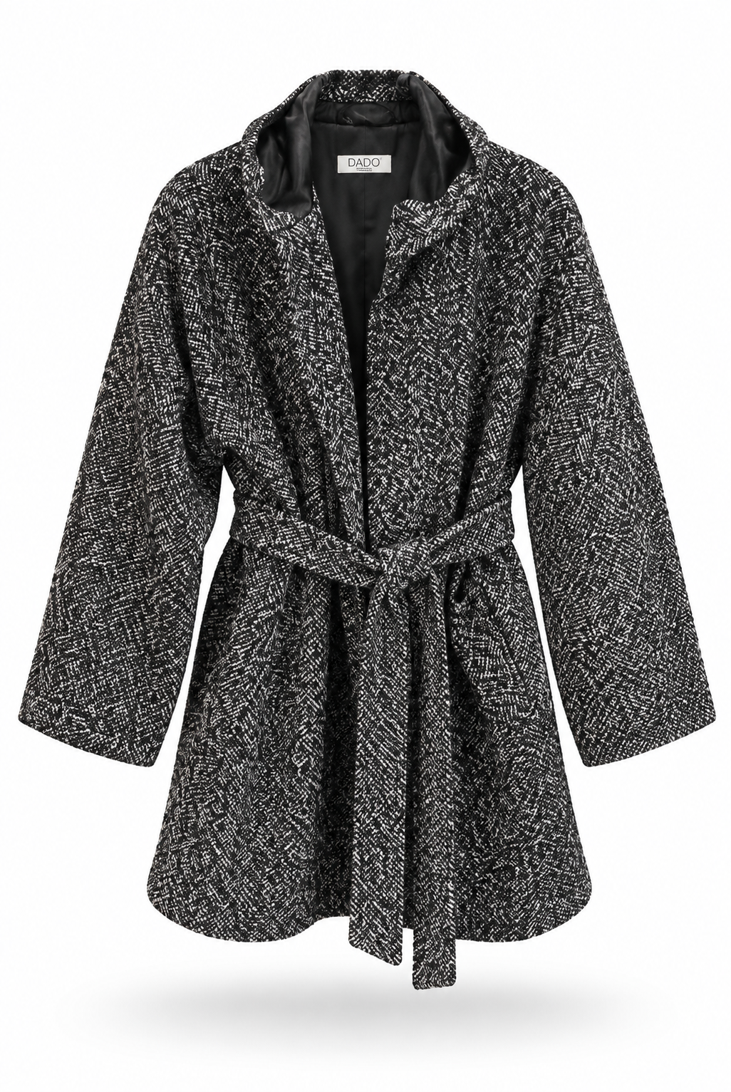 Black & White Textured Hooded & Belted Coat