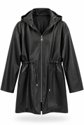 Black Faux Leather Hooded Drawstring Coat
