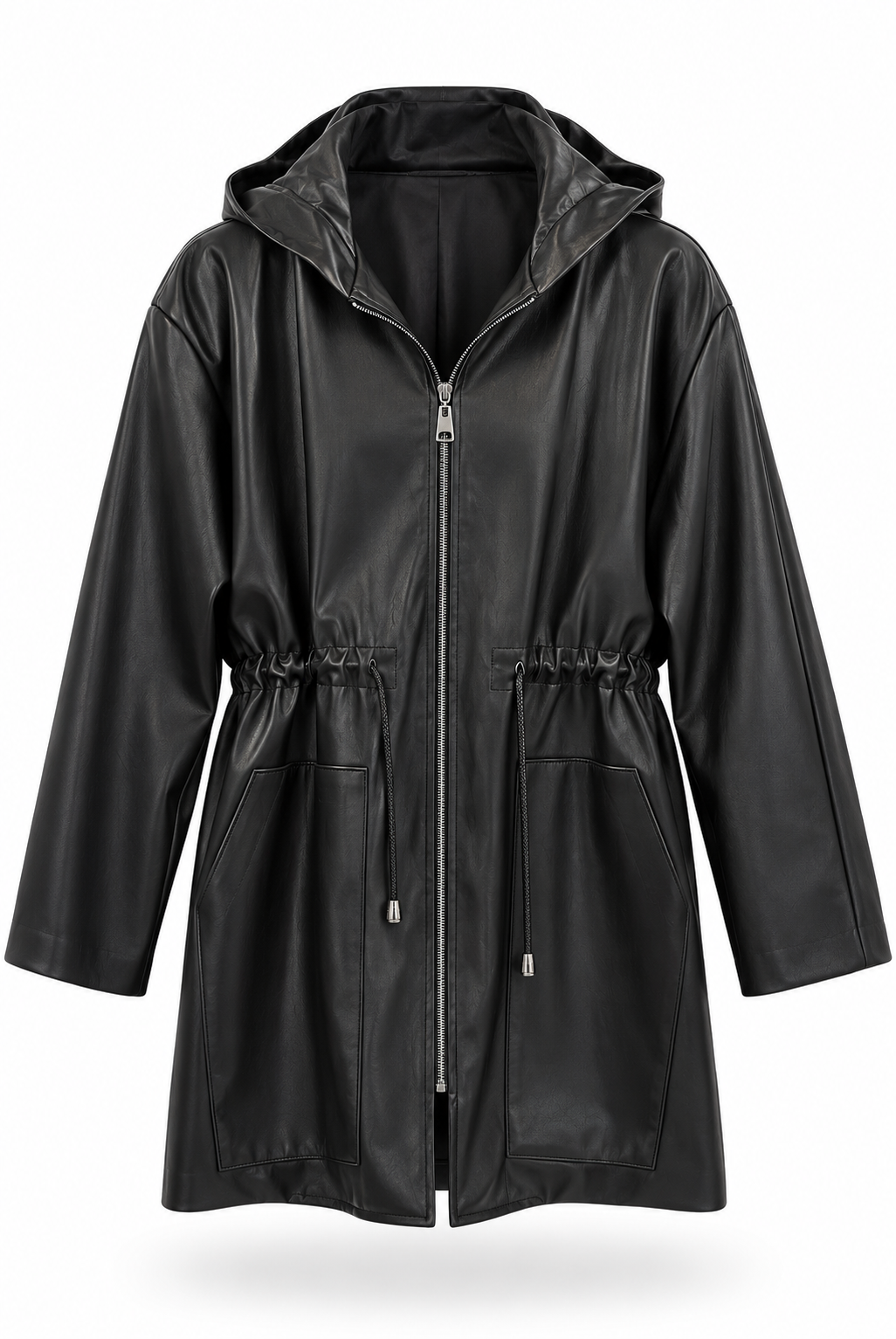 Black Faux Leather Hooded Drawstring Coat