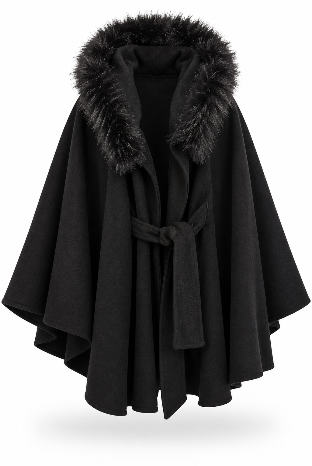 Black Faux Fur Trim Hooded Cape