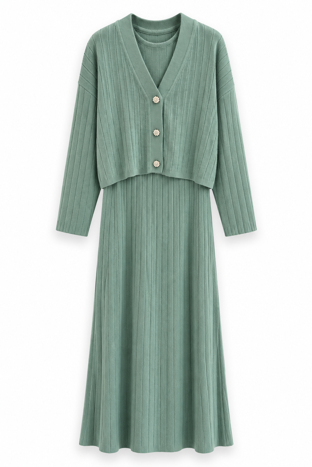 Sage Ribbed Knit Cardigan Dress Set