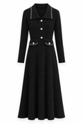 Black Ribbed Gold-Trim Midi Dress