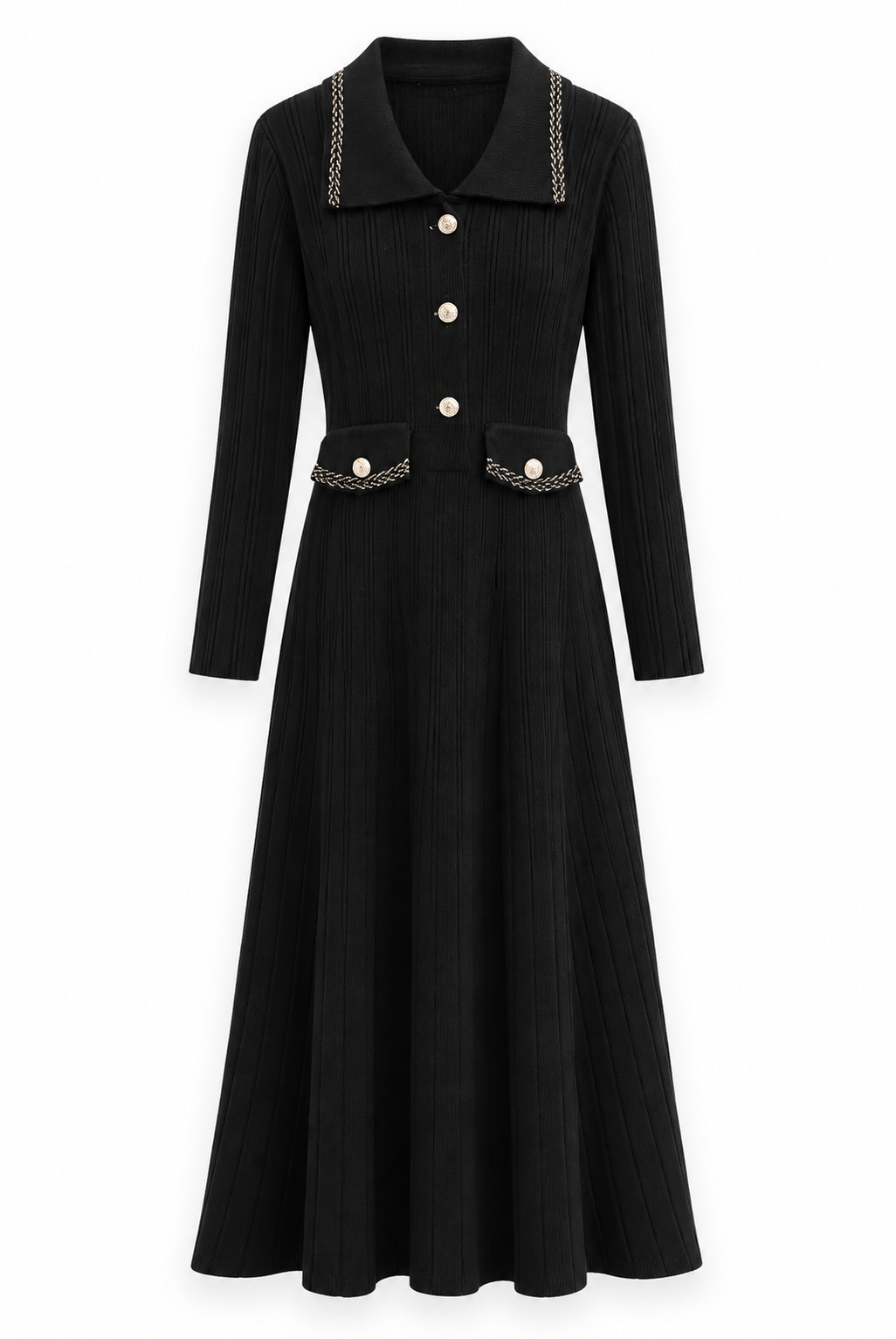 Black Ribbed Gold-Trim Midi Dress