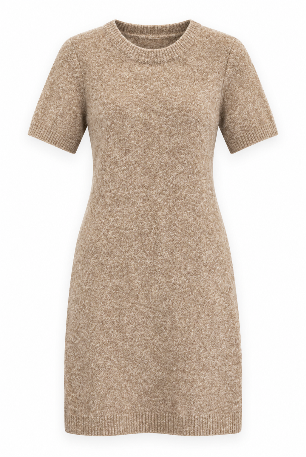 Beige Short-Sleeve Wool Knit Dress
