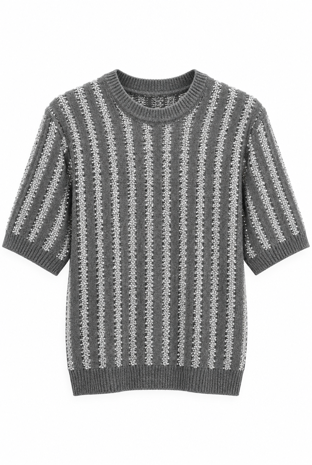 Grey Striped Wool Knit Top