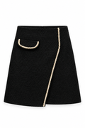 Black Tweed Gold-Trim Wrap Mini Skirt
