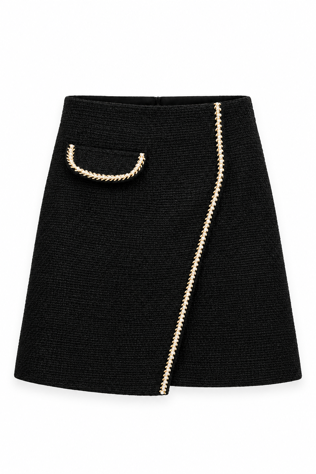 Black Tweed Gold-Trim Wrap Mini Skirt