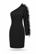 Black One-Shoulder Feather-Trim Mini Dress