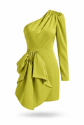 Lime One-Shoulder Satin Mini Dress with Draped Bow Detail