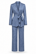 Dusty Blue Satin Printed Blazer & Wide-Leg Pants Set