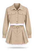 Beige Cropped Jacket & Pleated Mini Skirt Set with Gold Hardware