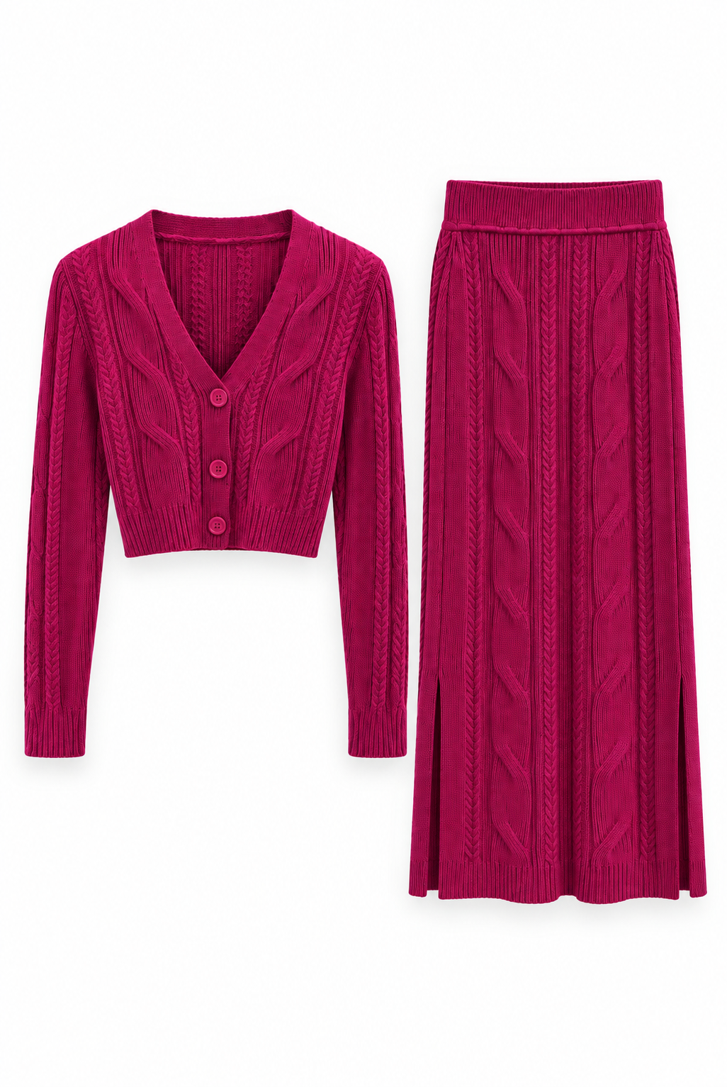 Fuchsia Knit Cardigan & Skirt Set