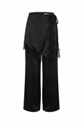 Black Satin Wide-Leg Pants with Lace-Trim Wrap Overlay