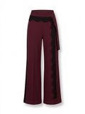 Burgundy Wide-Leg Pants with Black Lace-Trim Belt Detail